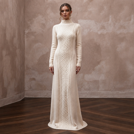 Warm Cream Cashmere Long Sleeve Knit Dress for Ski Rehearsal