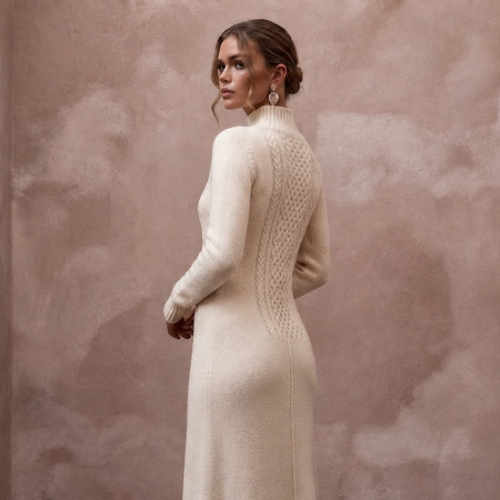 Warm Cream Cashmere Long Sleeve Knit Dress for Ski Rehearsal - Apparel & Accessories > Clothing > Wedding & Bridal Party Dresses > Wedding Dresses - Mignonette Bridal