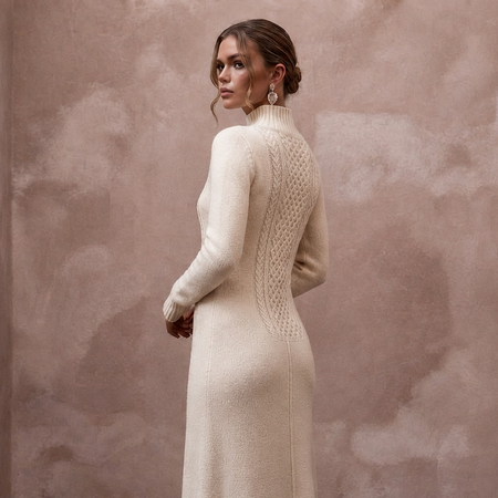 Warm Cream Cashmere Long Sleeve Knit Dress for Ski Rehearsal