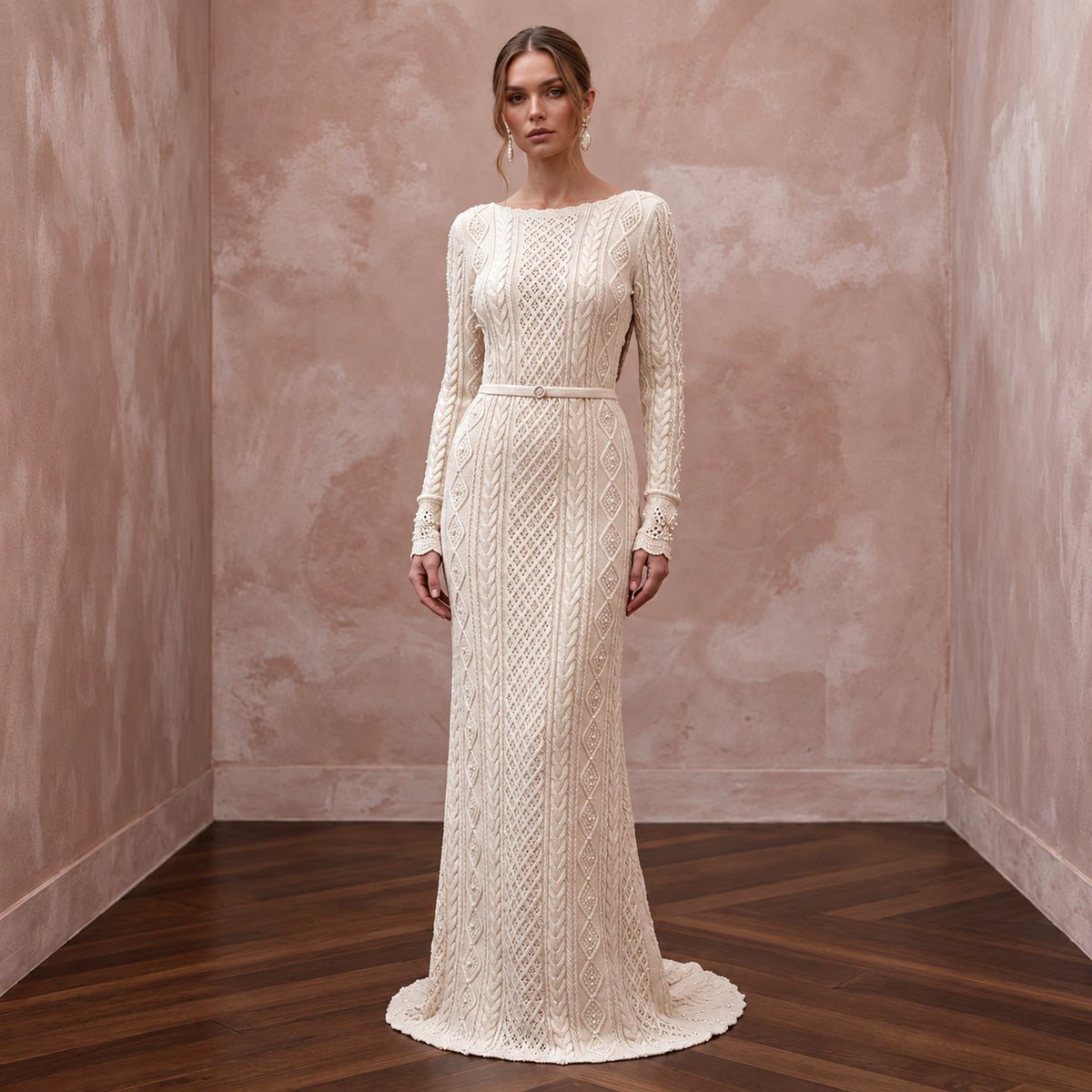 Warm Cream Cashmere Long Sleeve Knit Wedding Dress for Ski Rehearsal - Apparel & Accessories > Clothing > Wedding & Bridal Party Dresses > Wedding Dresses - Mignonette Bridal Main image