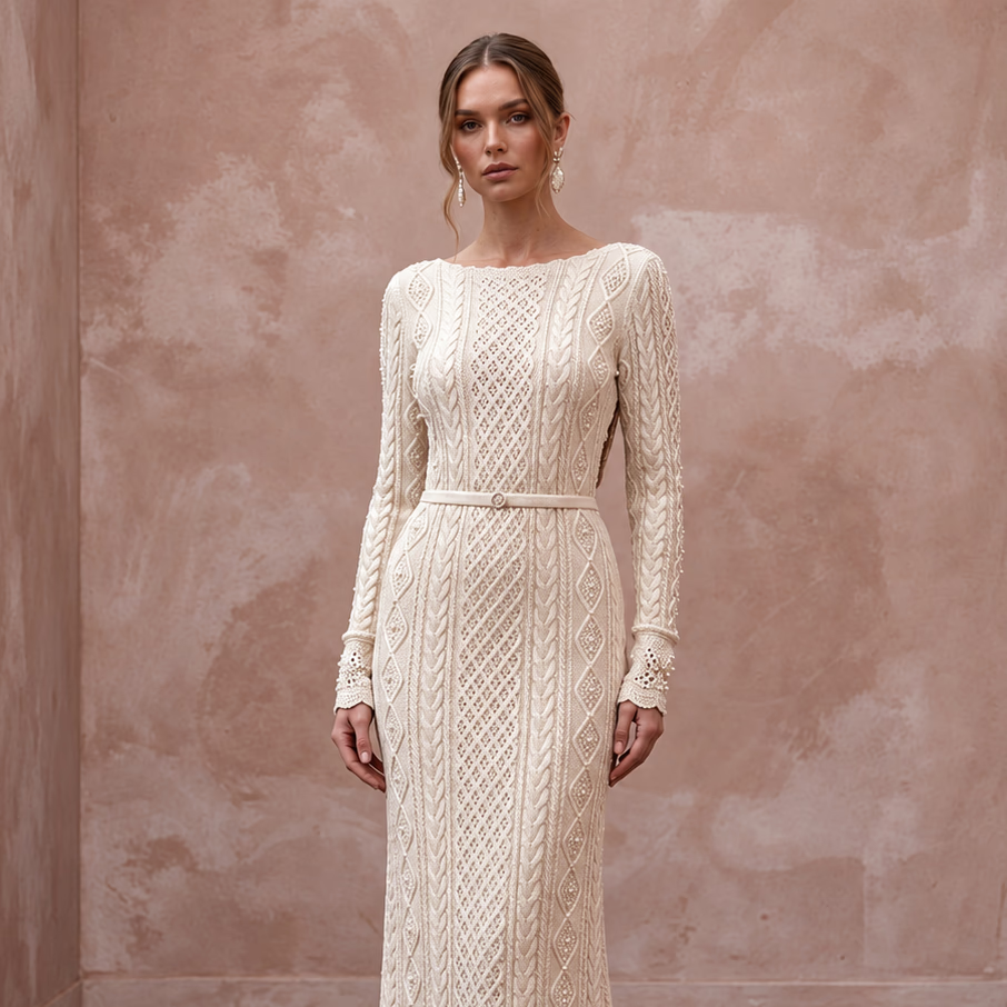 Warm Cream Cashmere Long Sleeve Knit Wedding Dress for Ski Rehearsal