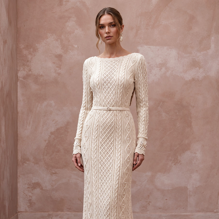 Warm Cream Cashmere Long Sleeve Knit Wedding Dress for Ski Rehearsal