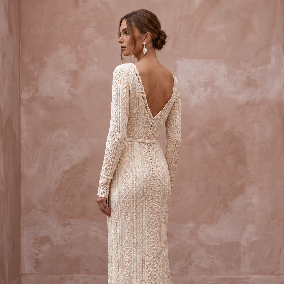 Warm Cream Cashmere Long Sleeve Knit Wedding Dress for Ski Rehearsal