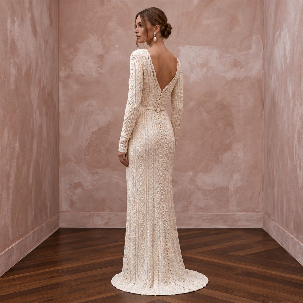 Warm Cream Cashmere Long Sleeve Knit Wedding Dress for Ski Rehearsal