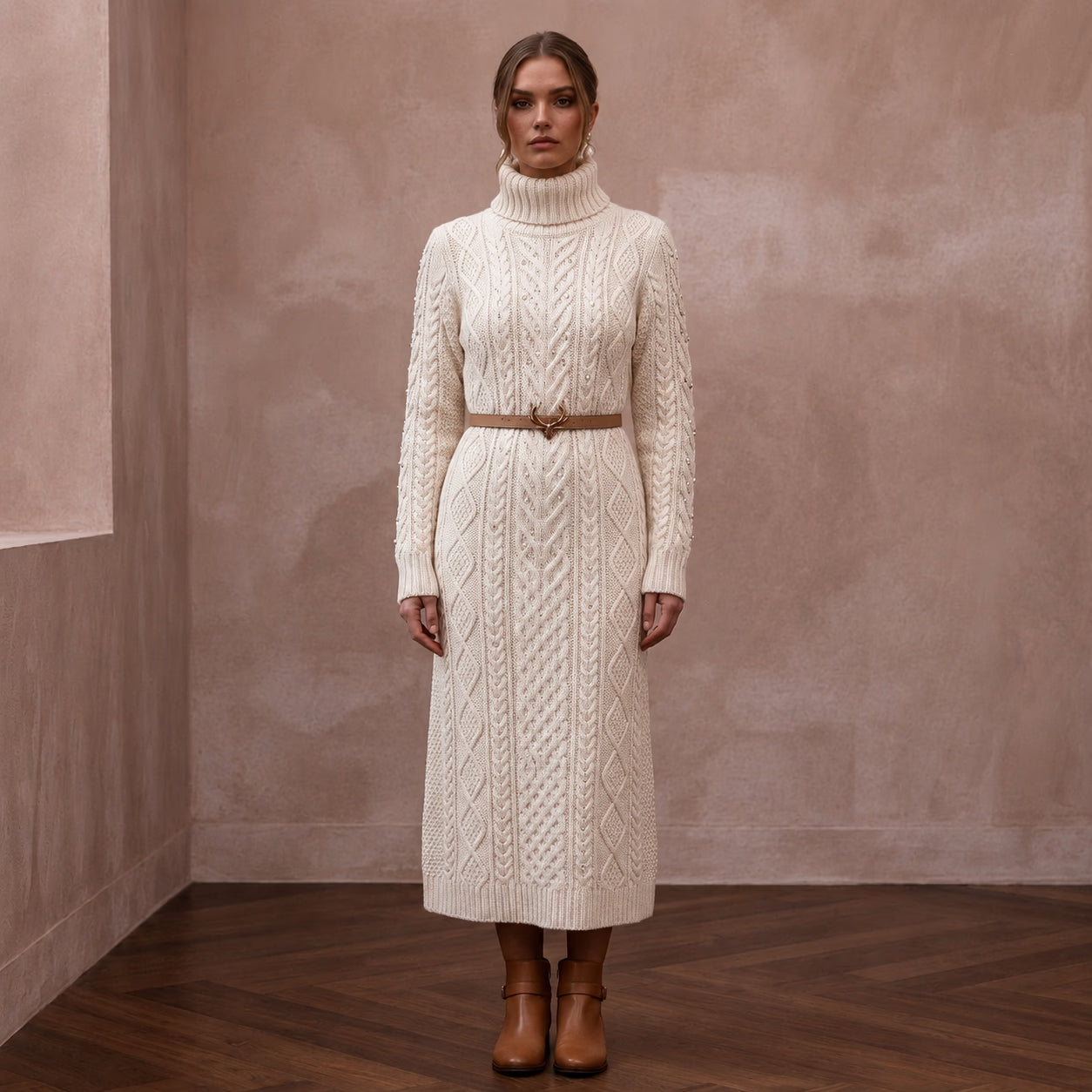 Warm Ivory Cable Knit Turtleneck Dress for Après - Ski Brunch - Apparel & Accessories > Clothing > Wedding & Bridal Party Dresses > Wedding Dresses - Mignonette Bridal Main image