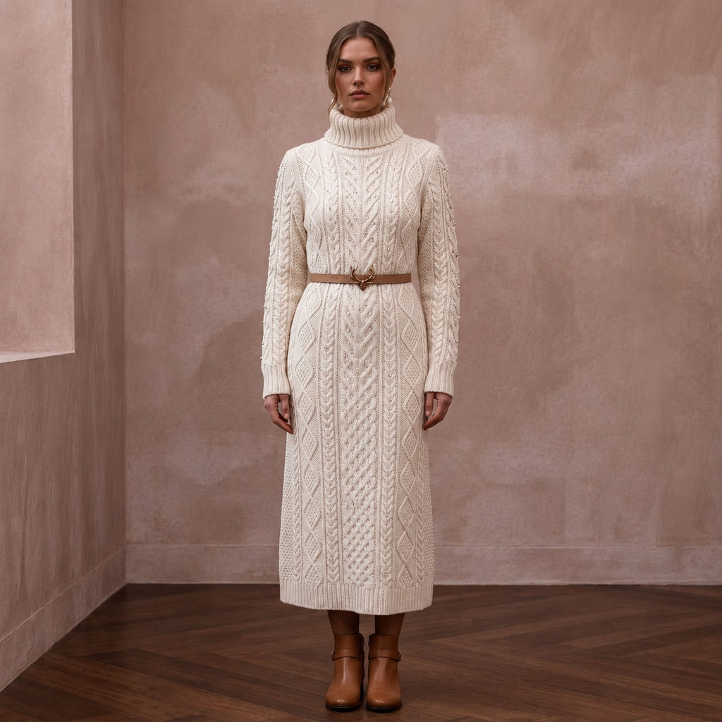 Warm Ivory Cable Knit Turtleneck Dress for Après - Ski Brunch - Apparel & Accessories > Clothing > Wedding & Bridal Party Dresses > Wedding Dresses - Mignonette Bridal