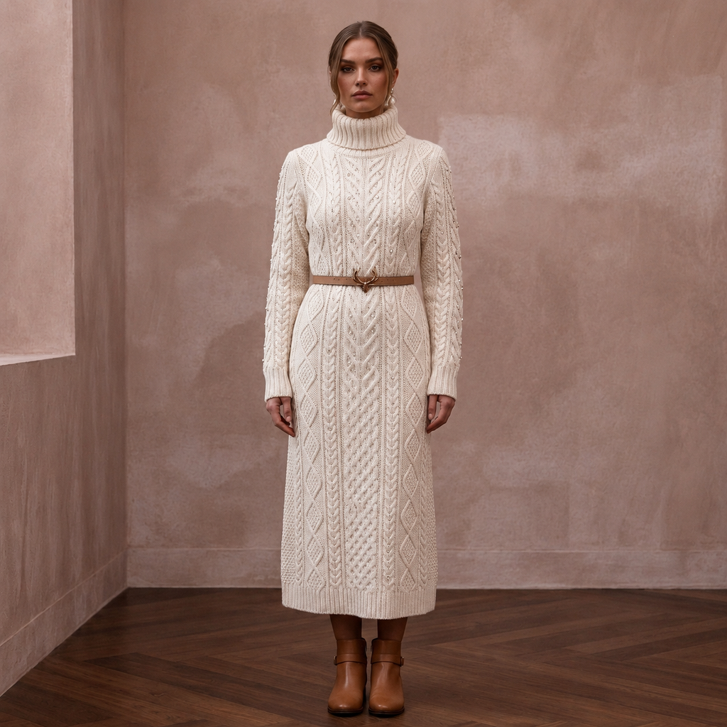 Warm Ivory Cable Knit Turtleneck Dress for Après-Ski Brunch