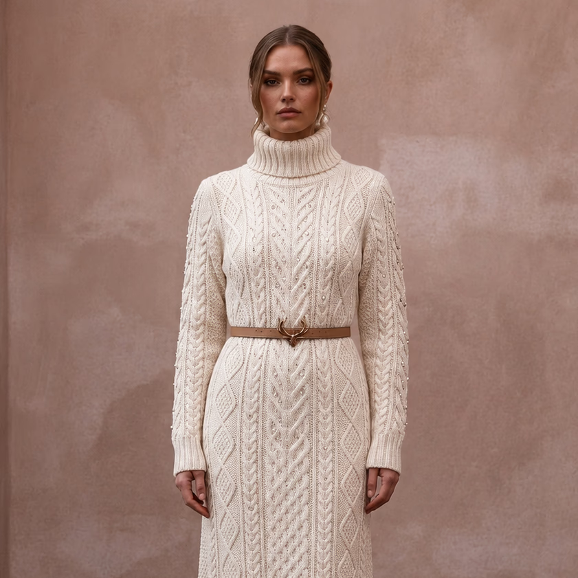 Warm Ivory Cable Knit Turtleneck Dress for Après - Ski Brunch - Apparel & Accessories > Clothing > Wedding & Bridal Party Dresses > Wedding Dresses - Mignonette Bridal