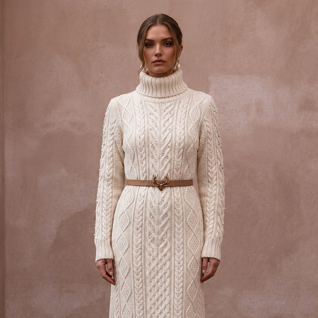 Warm Ivory Cable Knit Turtleneck Dress for Après-Ski Brunch