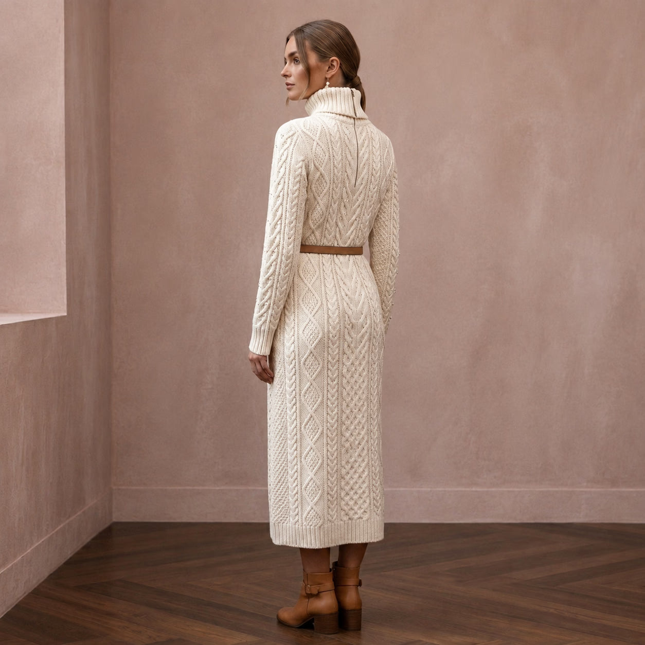 Warm Ivory Cable Knit Turtleneck Dress for Après-Ski Brunch Secondary image