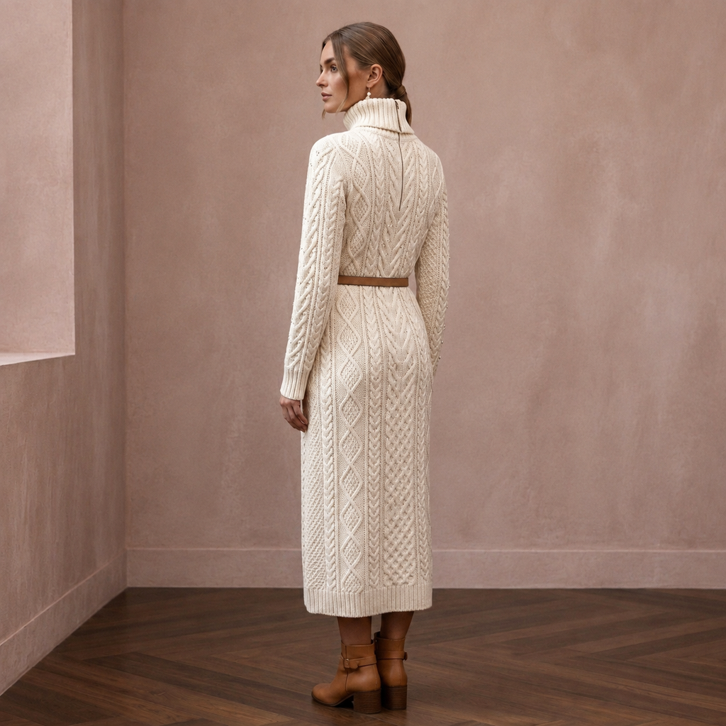 Warm Ivory Cable Knit Turtleneck Dress for Après-Ski Brunch