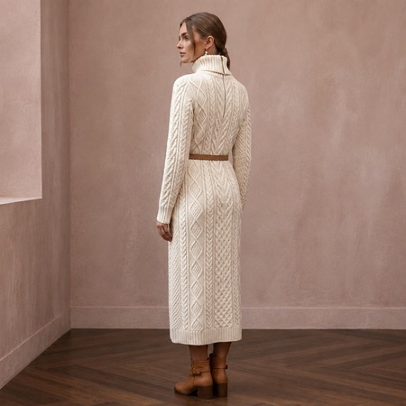 Warm Ivory Cable Knit Turtleneck Dress for Après-Ski Brunch