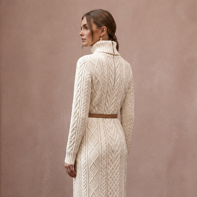 Warm Ivory Cable Knit Turtleneck Dress for Après - Ski Brunch - Apparel & Accessories > Clothing > Wedding & Bridal Party Dresses > Wedding Dresses - Mignonette Bridal