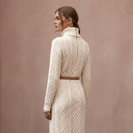 Warm Ivory Cable Knit Turtleneck Dress for Après-Ski Brunch