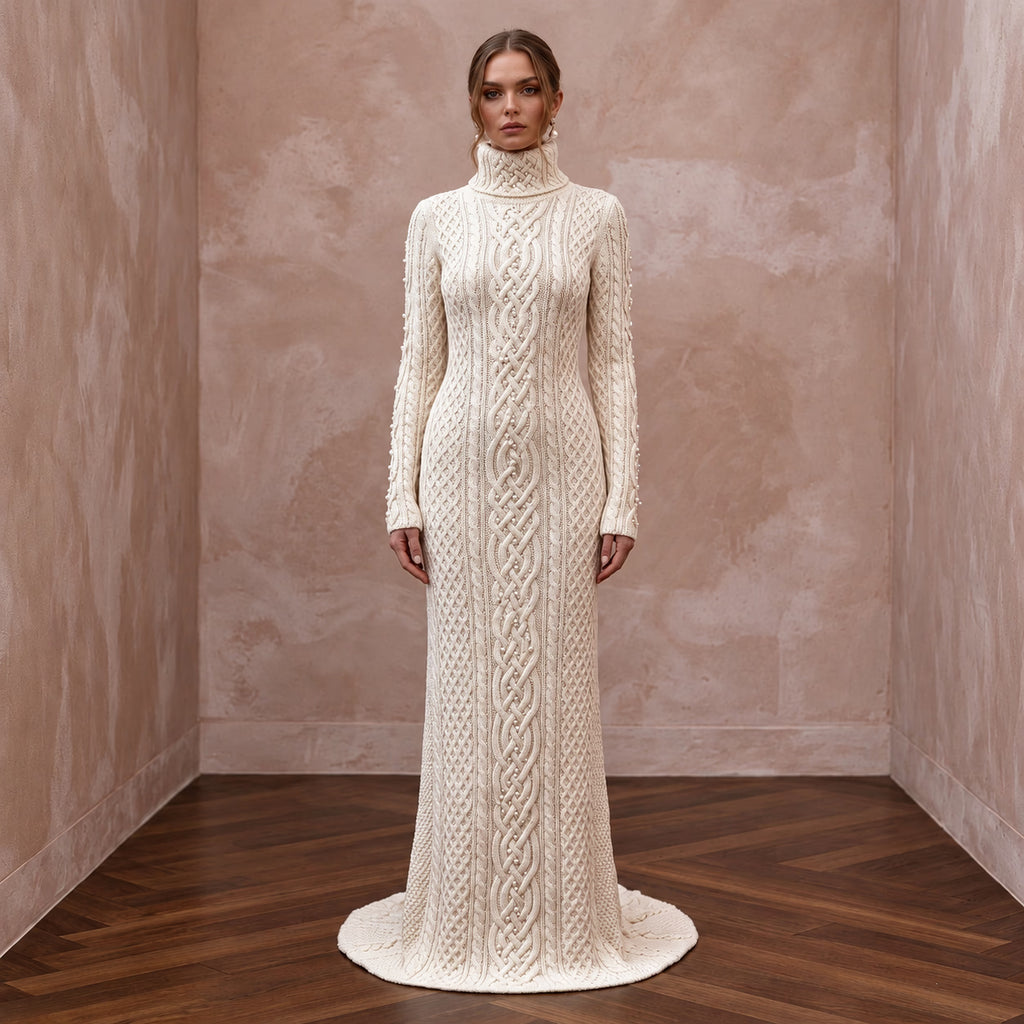 Warm Ivory Cable Knit Turtleneck Wedding Dress for Après-Ski Brunch