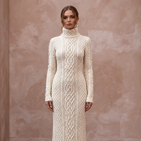 Warm Ivory Cable Knit Turtleneck Wedding Dress for Après-Ski Brunch