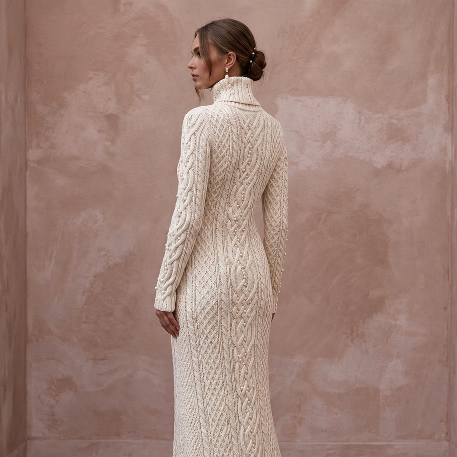 Warm Ivory Cable Knit Turtleneck Wedding Dress for Après-Ski Brunch