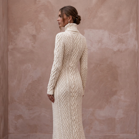 Warm Ivory Cable Knit Turtleneck Wedding Dress for Après-Ski Brunch