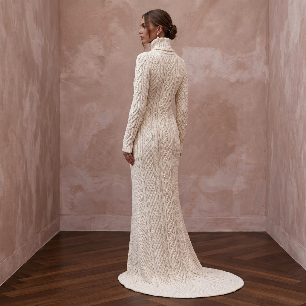 Warm Ivory Cable Knit Turtleneck Wedding Dress for Après-Ski Brunch