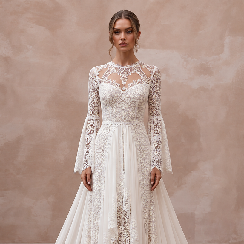 Watteau Train Lace Bridal Gown for a Bohemian Wedding