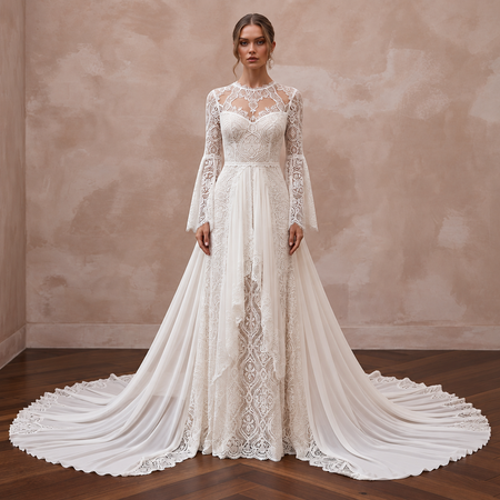 Watteau Train Lace Bridal Gown for a Bohemian Wedding