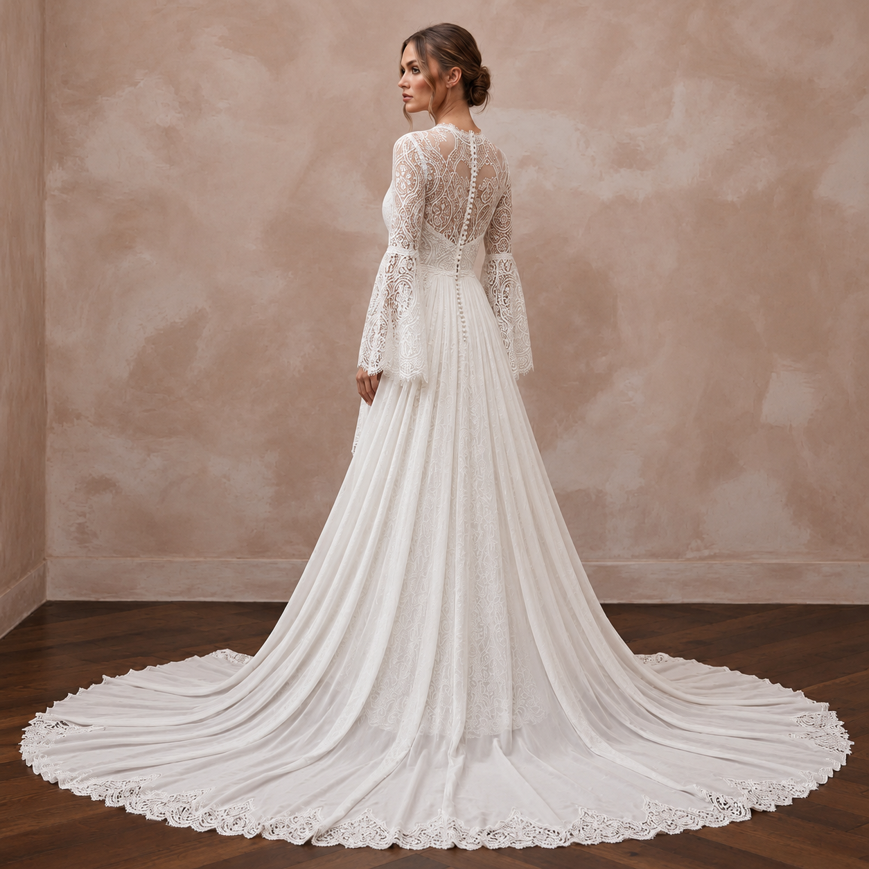 Watteau Train Lace Bridal Gown for a Bohemian Wedding