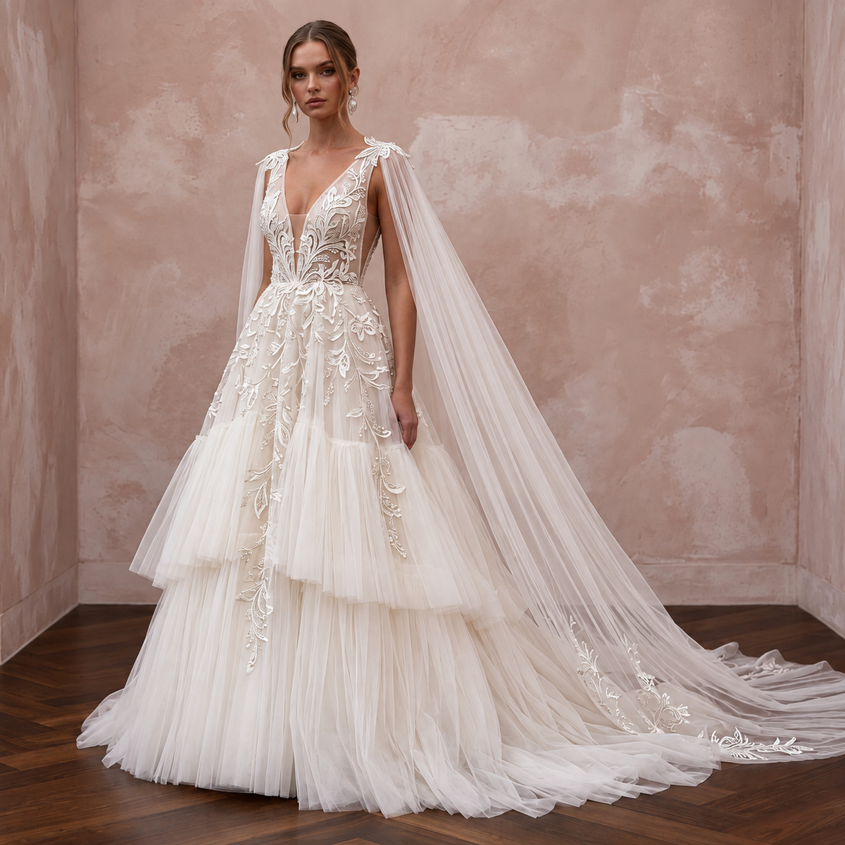 Elegant Watteau train tulle wedding gown with intricate embroidery, tiered layers, and a romantic silhouette.