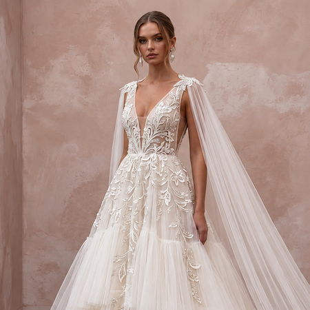 Elegant Watteau Train Tulle Wedding Gown with intricate embroidery and flowing cape for a romantic ceremony.