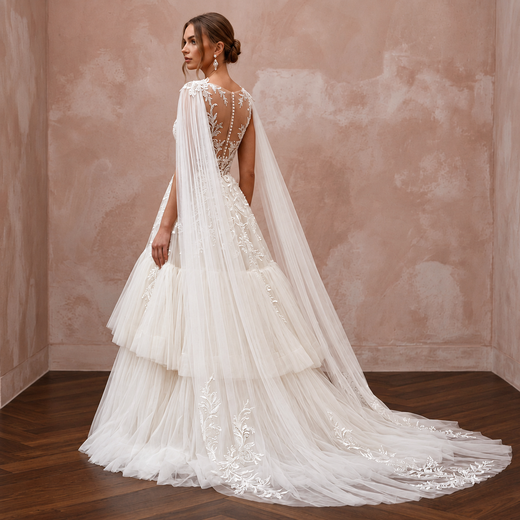 Elegant Watteau train tulle wedding gown with intricate floral embroidery and a graceful cape detail. Perfect for romance.