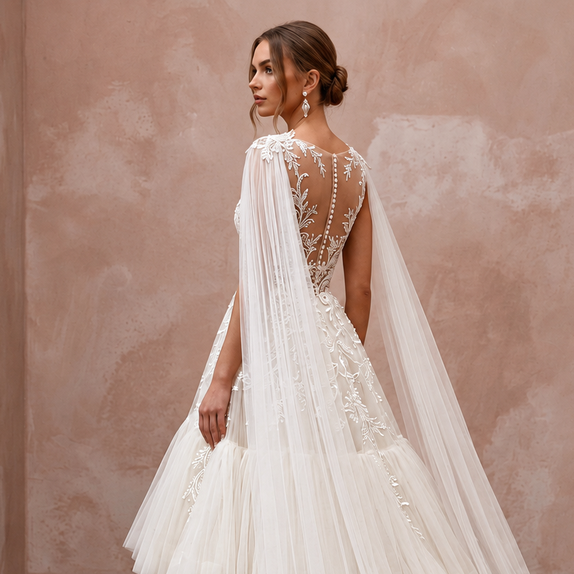 Elegant Watteau train tulle wedding gown with floral embroidery and sheer cape, perfect for a romantic ceremony.