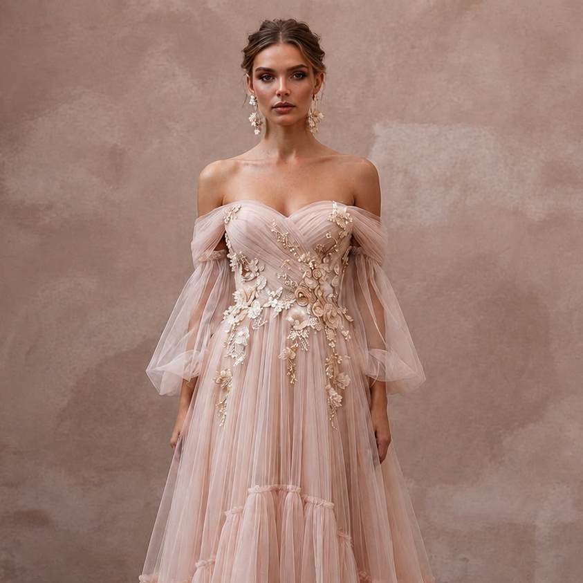 Whimsical Blush Tulle Off - Shoulder Gown for Engagement Party - Apparel & Accessories > Clothing > Wedding & Bridal Party Dresses > Wedding Dresses - Mignonette Bridal