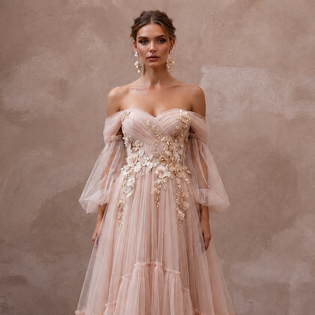 Whimsical Blush Tulle Off-Shoulder Gown for Engagement Party