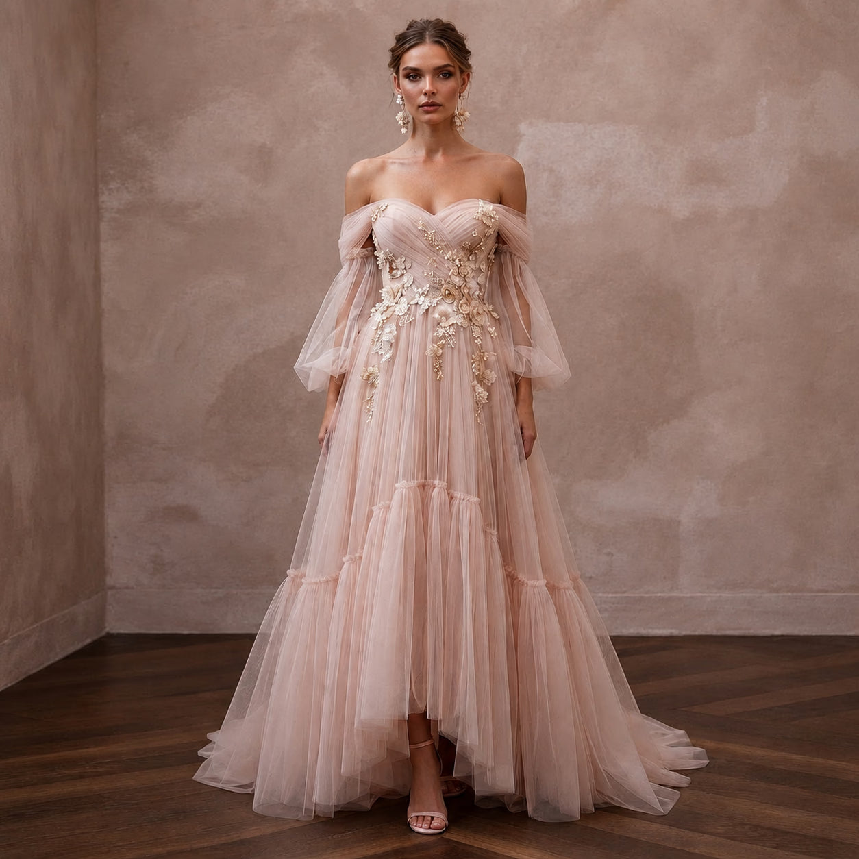Whimsical Blush Tulle Off - Shoulder Gown for Engagement Party - Apparel & Accessories > Clothing > Wedding & Bridal Party Dresses > Wedding Dresses - Mignonette Bridal Main image