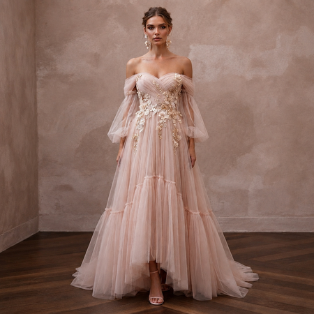 Whimsical Blush Tulle Off-Shoulder Gown for Engagement Party