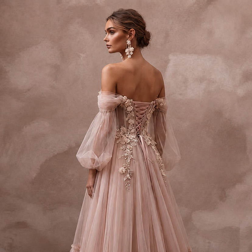 Whimsical Blush Tulle Off - Shoulder Gown for Engagement Party - Apparel & Accessories > Clothing > Wedding & Bridal Party Dresses > Wedding Dresses - Mignonette Bridal