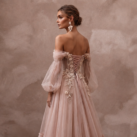 Whimsical Blush Tulle Off-Shoulder Gown for Engagement Party