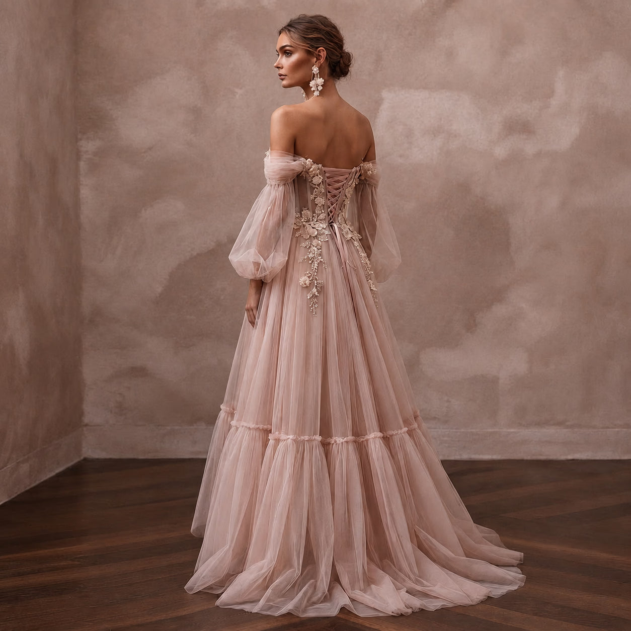 Whimsical Blush Tulle Off-Shoulder Gown for Engagement Party Secondary image
