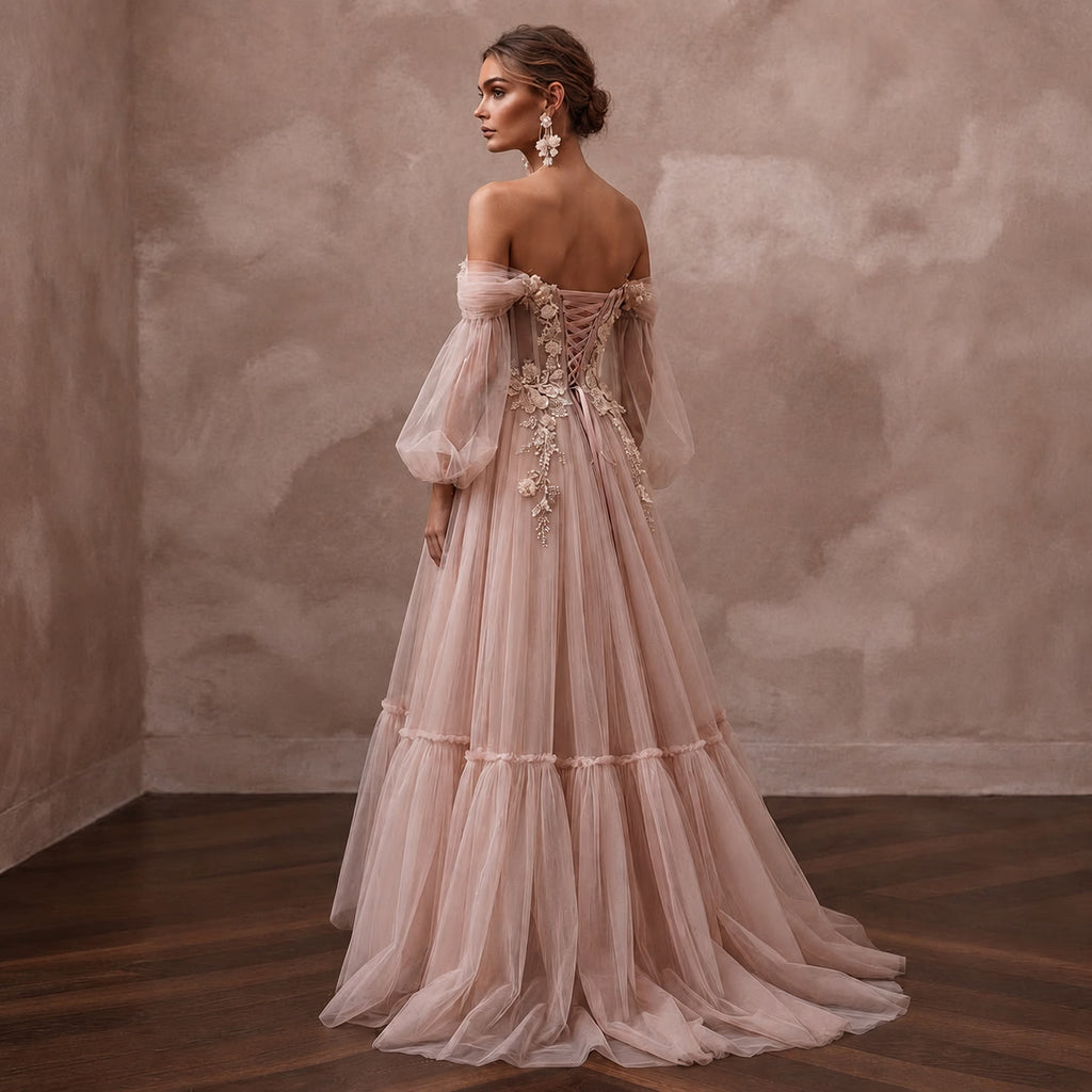 Whimsical Blush Tulle Off - Shoulder Gown for Engagement Party - Apparel & Accessories > Clothing > Wedding & Bridal Party Dresses > Wedding Dresses - Mignonette Bridal