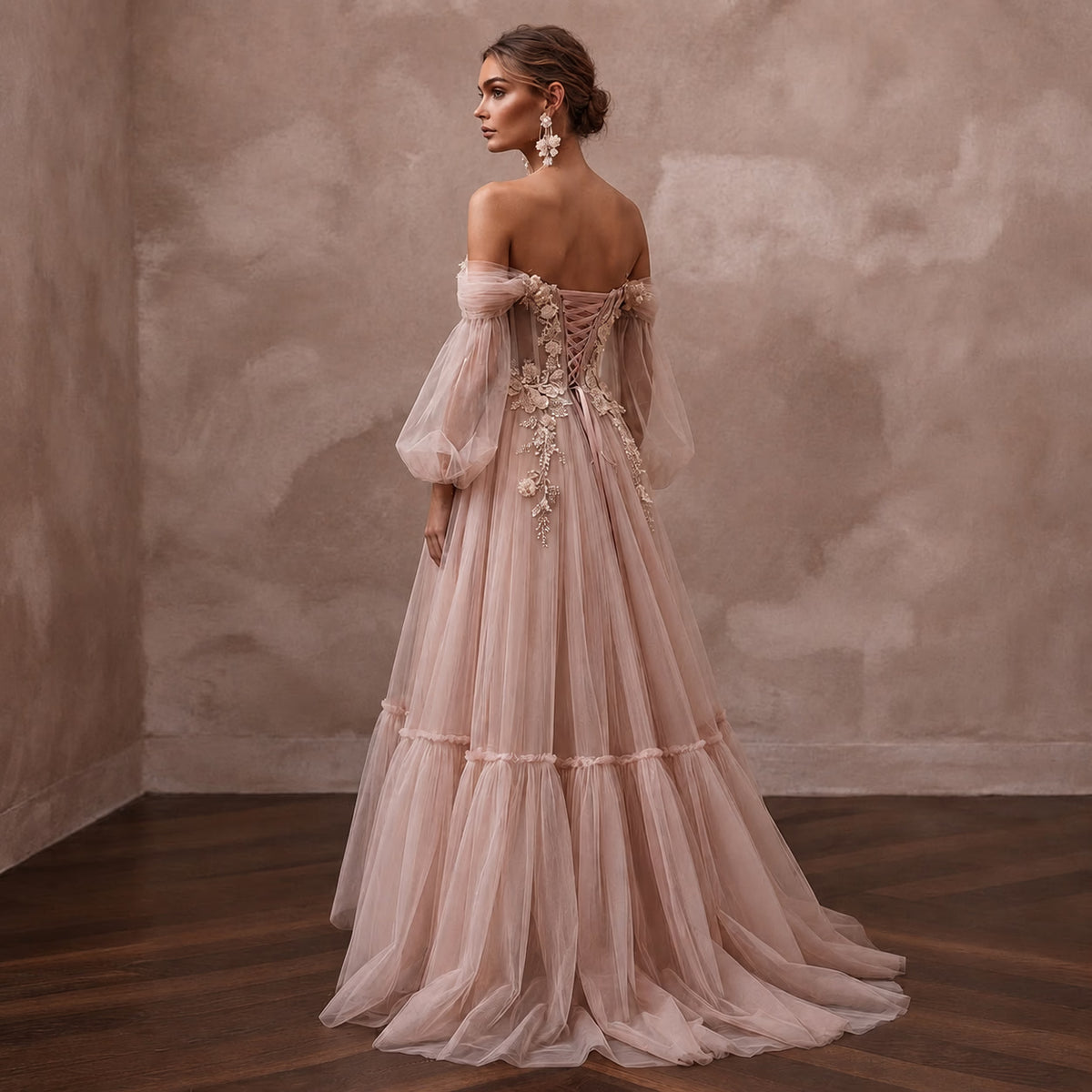 Whimsical Blush Tulle Off - Shoulder Gown for Engagement Party - Apparel & Accessories > Clothing > Wedding & Bridal Party Dresses > Wedding Dresses - Mignonette Bridal