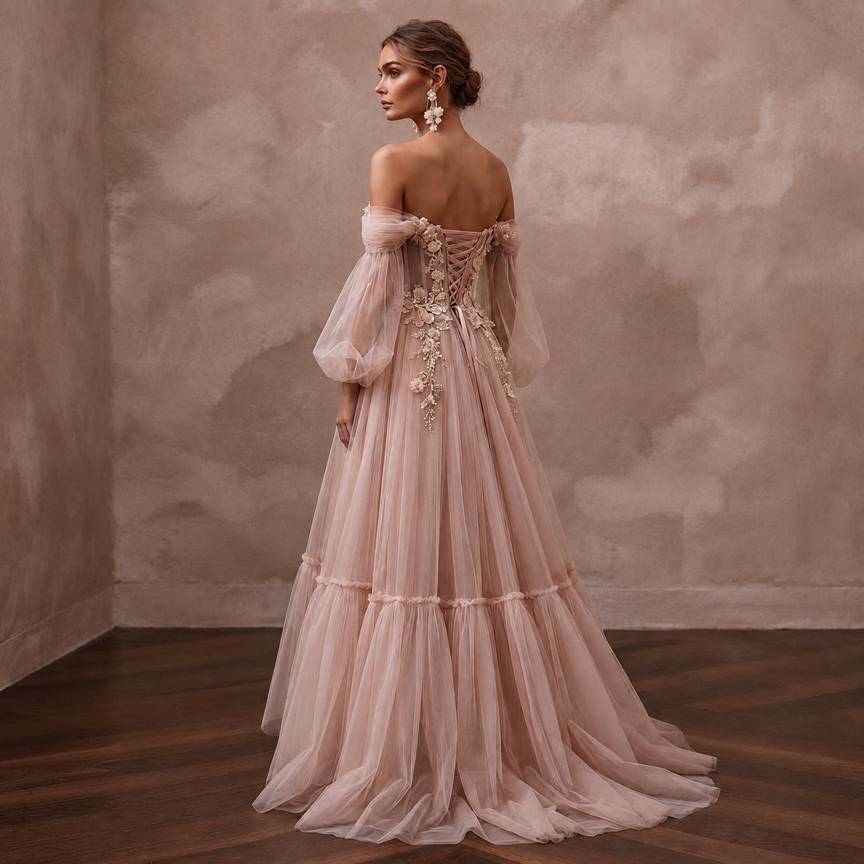 Whimsical Blush Tulle Off-Shoulder Gown for Engagement Party