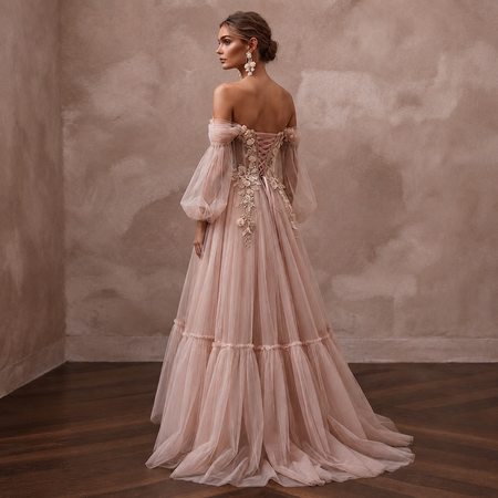 Whimsical Blush Tulle Off-Shoulder Gown for Engagement Party