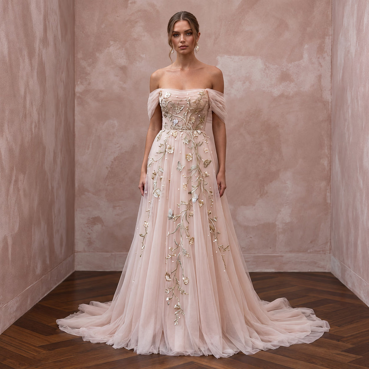 Whimsical Blush Tulle Off-Shoulder Wedding Dress for Engagement Party