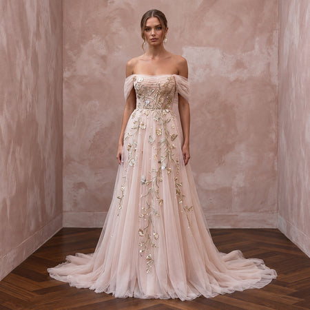 Whimsical Blush Tulle Off-Shoulder Wedding Dress for Engagement Party