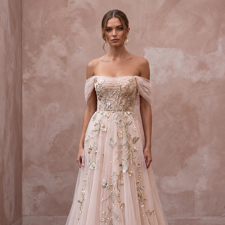 Whimsical Blush Tulle Off-Shoulder Wedding Dress for Engagement Party