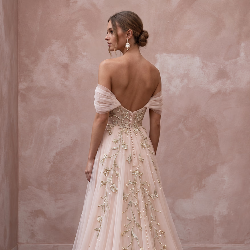 Whimsical Blush Tulle Off-Shoulder Wedding Dress for Engagement Party