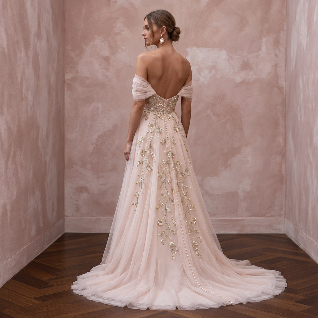 Whimsical Blush Tulle Off-Shoulder Wedding Dress for Engagement Party