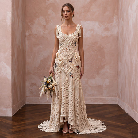 Whimsical Champagne Macrame Lace Bridal Gown for Festival Reception