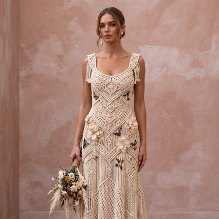 Whimsical Champagne Macrame Lace Bridal Gown for Festival Reception