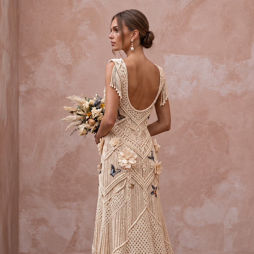 Whimsical Champagne Macrame Lace Bridal Gown for Festival Reception