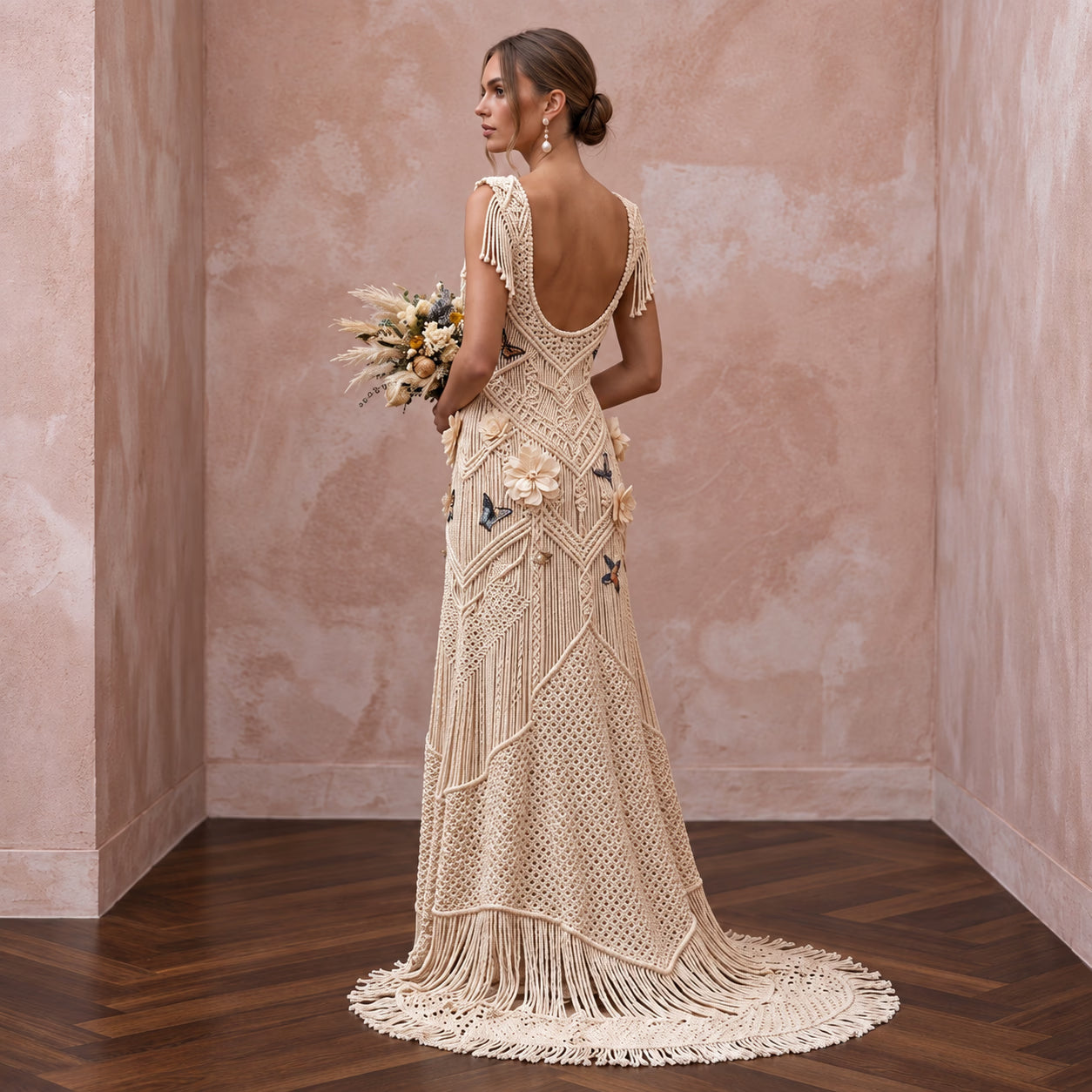 Whimsical Champagne Macrame Lace Bridal Gown for Festival Reception Secondary image